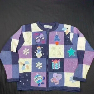 B. P. Design Women’s Winter Zipper cardigan purple navy blue patchwork large